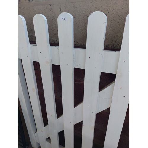 13 - WHITE WOODEN GARDEN GATE, 90CM WIDE.