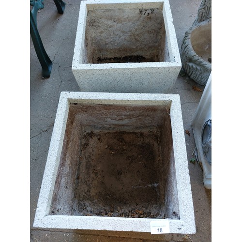 18 - PAIR OF FIBRE GLASS SQUARE PLANTERS, 34CM X 34CM X 30CM (HIGH).