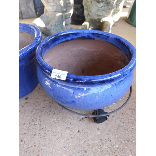 146 - 2 BLUE GLAZED PLANT POTS