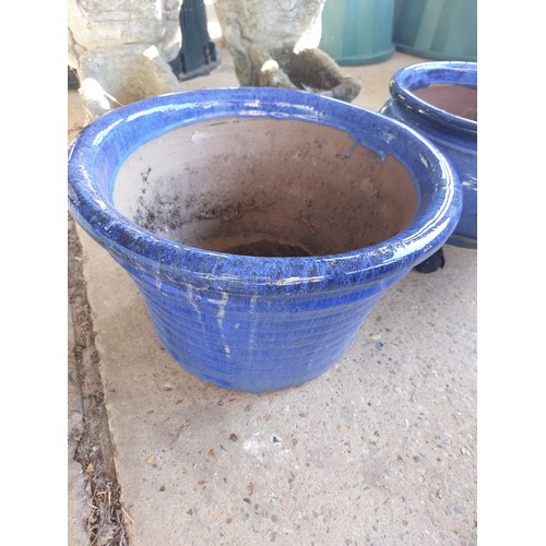 146 - 2 BLUE GLAZED PLANT POTS