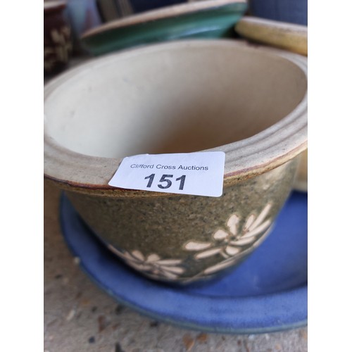 151 - 3 SMALL GLAZED POTS WITH SAUCER