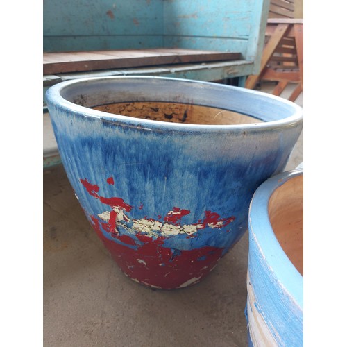 54 - 5 VARIOUS SIZED BLUE GLAZED PLANT POTS