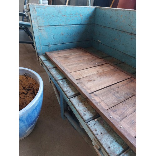 55 - BLUE 2 HANDLED WOODEN GARDEN TROLLEY CART, MEASURES APPROXIMATELY 110CM X 65CM X 78CM HIGH.