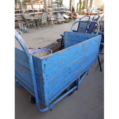 55 - BLUE 2 HANDLED WOODEN GARDEN TROLLEY CART, MEASURES APPROXIMATELY 110CM X 65CM X 78CM HIGH.