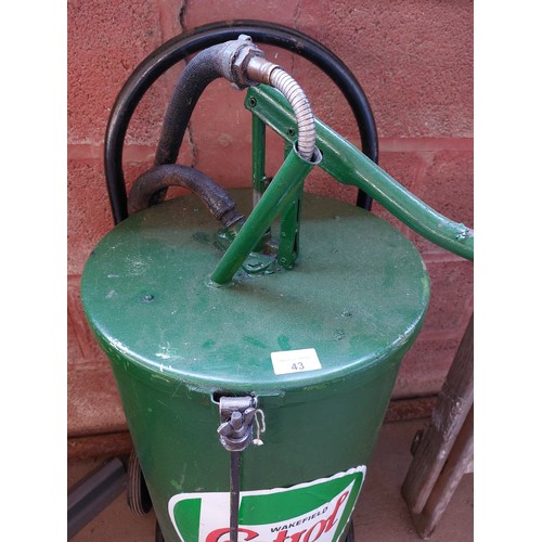 43 - CASTROL OIL DRUM WITH GUN DISPENSER AND WHEELED TROLLEY