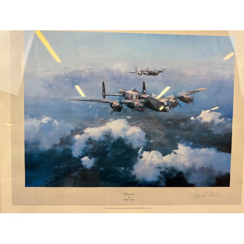 30 - A framed coloured print depicting 'Lancaster' by Robert Taylor, signed by Group Captain Leonard Ches... 