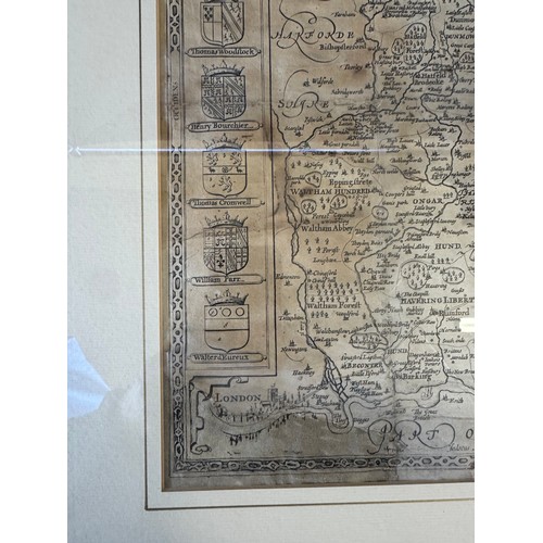 39 - A framed map depicting Essex - Divided into hundreds, with the most antient and fayre towne Colchest... 