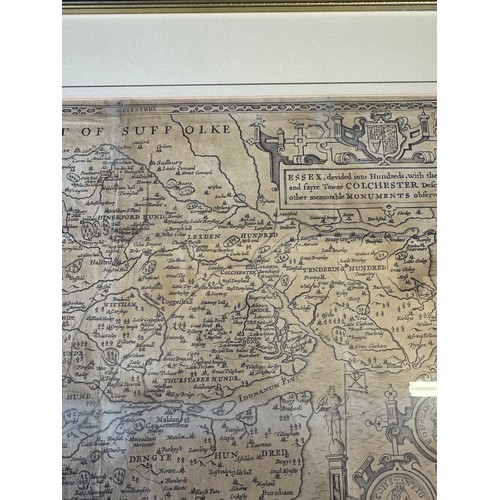 39 - A framed map depicting Essex - Divided into hundreds, with the most antient and fayre towne Colchest... 