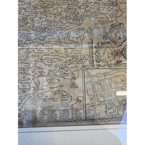 39 - A framed map depicting Essex - Divided into hundreds, with the most antient and fayre towne Colchest... 