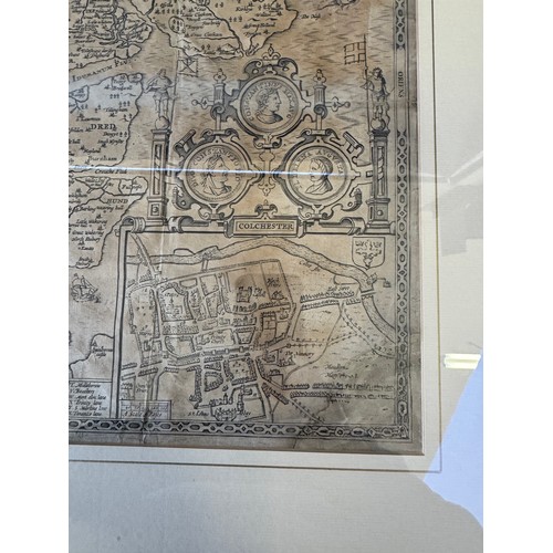 39 - A framed map depicting Essex - Divided into hundreds, with the most antient and fayre towne Colchest... 