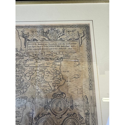 39 - A framed map depicting Essex - Divided into hundreds, with the most antient and fayre towne Colchest... 
