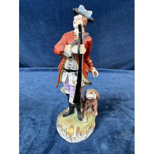 216 - A pair of Dresden porcelain figures depicting a huntsman with rifle and a dog, and a lady holding a ... 
