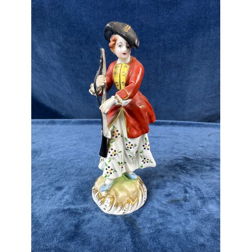 216 - A pair of Dresden porcelain figures depicting a huntsman with rifle and a dog, and a lady holding a ... 