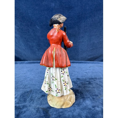 216 - A pair of Dresden porcelain figures depicting a huntsman with rifle and a dog, and a lady holding a ... 