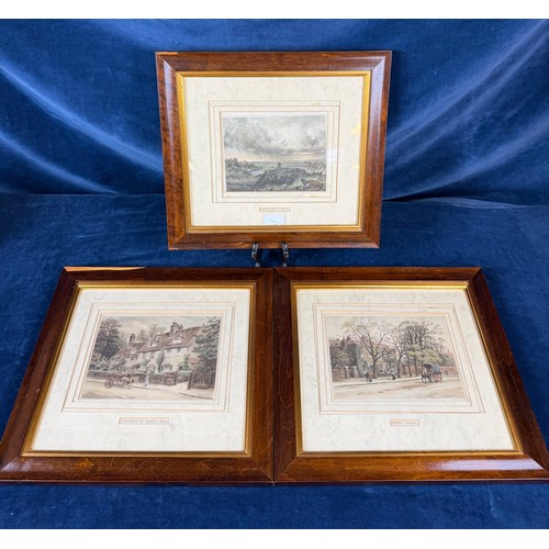 83 - Three framed coloured prints depicting places of interest, comprising; 