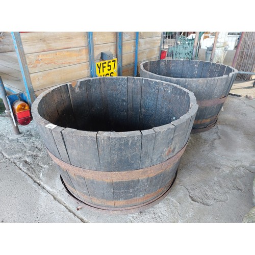 6242 - A pair of half oak whiskey barrel planters.