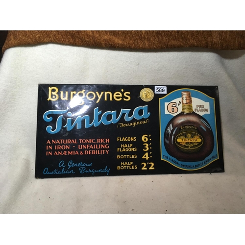 589 - Original enamel advertising sign for Burgoyne's Tintara with card backing. Measures 28cm x 57cm.