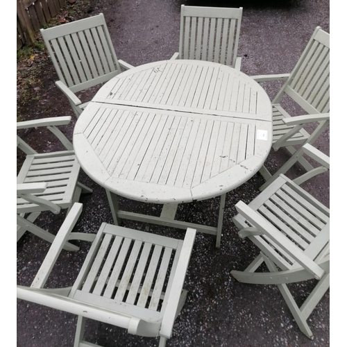 4 - Painted wood round garden table and six chairs with seat pads