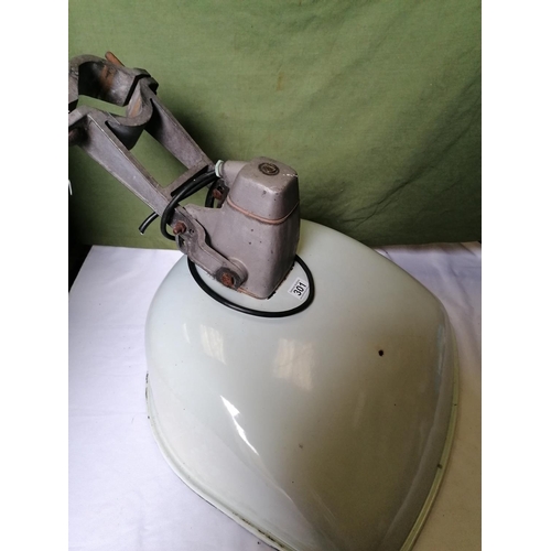 301 - An large industrial enamelled metal light fitting; shade measures 52 x 54 cm