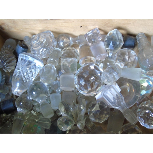 302 - Two boxes of miscellaneous glass items - chandelier  drops, decanter stoppers etc