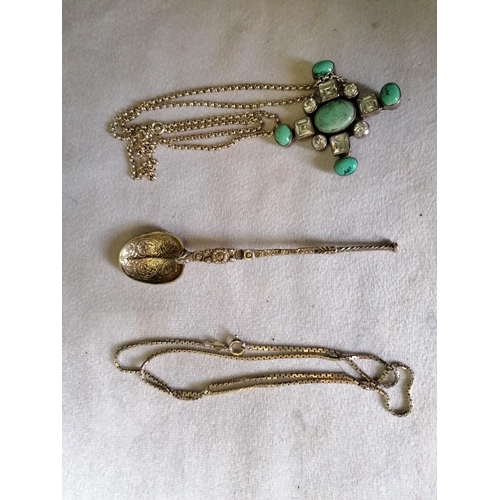 328 - Three silver items - a decorative spoon, a chain and a turquoise/silver necklace