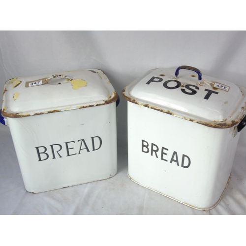 344 - Two vintage enamel bread bins with handles & lids, 37 x 30 x 26cm, one with 'Post' inscribed on lid
