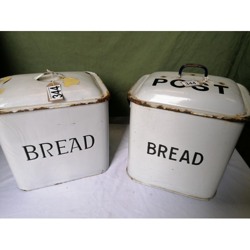 344 - Two vintage enamel bread bins with handles & lids, 37 x 30 x 26cm, one with 'Post' inscribed on lid