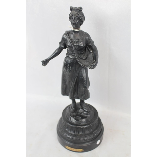 348 - Cast metal figurine on pedestal base 'La Semeuse', lady sowing corn, height 38cm