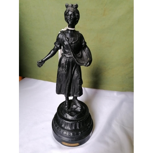 348 - Cast metal figurine on pedestal base 'La Semeuse', lady sowing corn, height 38cm