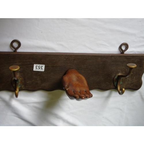 353 - Old oak hat and coat rack with brass hooks and hand