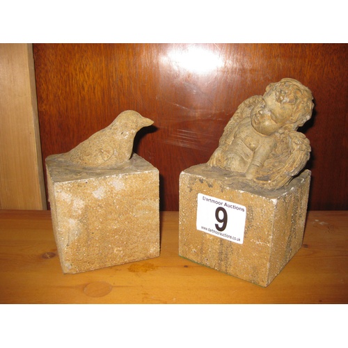 6 - Two cast garden ornaments, bird and cherub, 20cm max ht  
NB this is lot 6, not 9 as lot sticker ind... 