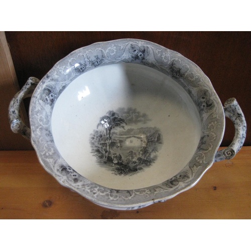 270 - A beautiful antique grey and white ironstone tureen with handles, marked Lake, 10.5'' diameter, 5.7'... 