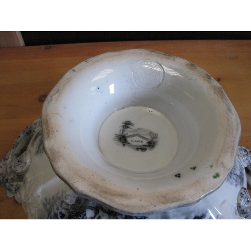 270 - A beautiful antique grey and white ironstone tureen with handles, marked Lake, 10.5'' diameter, 5.7'... 
