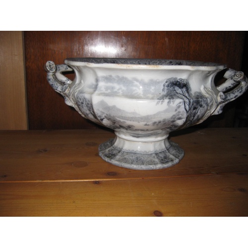 270 - A beautiful antique grey and white ironstone tureen with handles, marked Lake, 10.5'' diameter, 5.7'... 