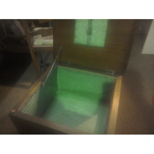 266 - Early 20C sewing cabinet on cabriole legs with lift up lid, two drawers, green silk linings