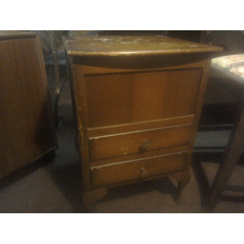 266 - Early 20C sewing cabinet on cabriole legs with lift up lid, two drawers, green silk linings