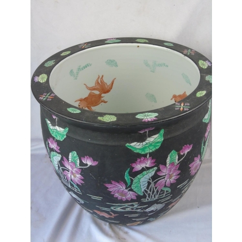 4 - Large planter/jardiniere with Chinese fish/waterlily pattern on black ground, H36 Diameter 40 cm