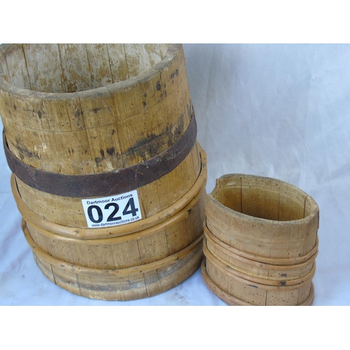 24 - Two 19th C Agricultural Wooden Grain Buckets one large, one small