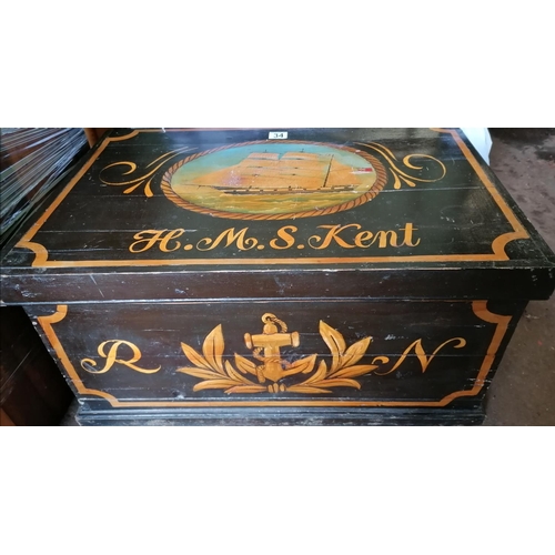 28 - A large hand painted wooden chest depicting 'HMS Kent'