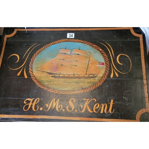 28 - A large hand painted wooden chest depicting 'HMS Kent'