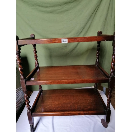 48 - An Edwardian oak barley twist three tier tea/side trolley; a carver dining chair with wavy ladder ba... 