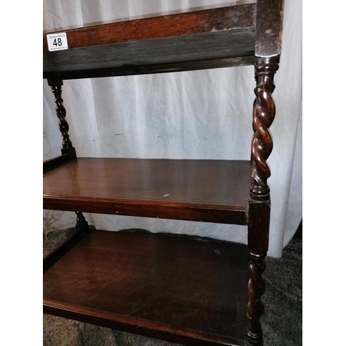 48 - An Edwardian oak barley twist three tier tea/side trolley; a carver dining chair with wavy ladder ba... 