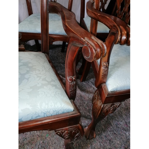 64 - A set of six Chippendale style good quality dining chairs, including two carvers, plain blue upholst... 