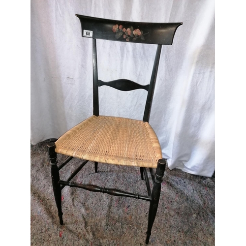 68 - A pretty bedroom chair with cane seat, hand painted flowers on top rail, turned legs and stretcher, ... 