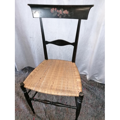 68 - A pretty bedroom chair with cane seat, hand painted flowers on top rail, turned legs and stretcher, ... 