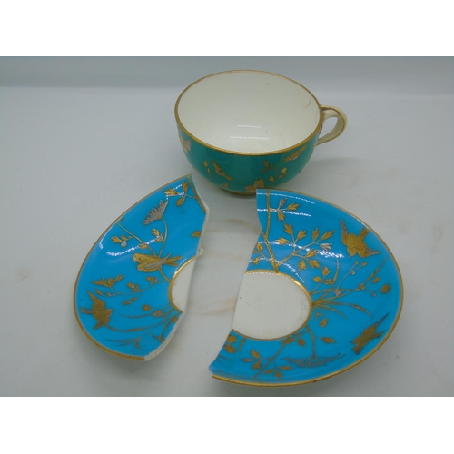 93 - RARE FIND - four teacups and saucers (a/f ), decorated with gold and silver gilt enamel birds in sty... 