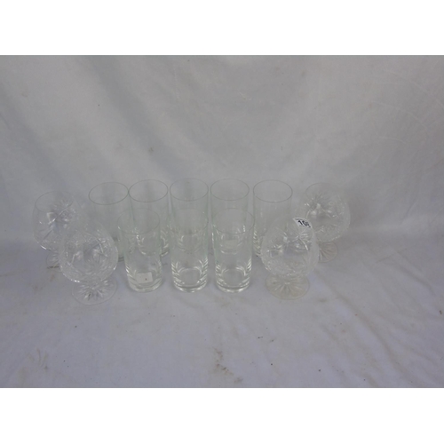 108 - Four cut glass brandy glasses and eight engraved glass tumblers with garland pattern