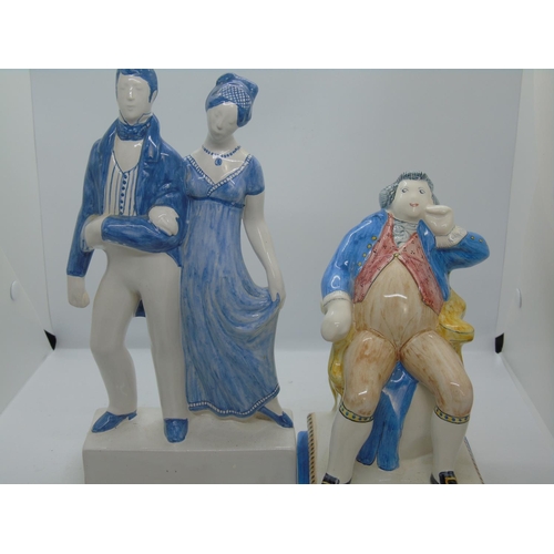 121 - Two RYE studio pottery figurines - a 2002 Regency gentleman, seated and a Regency couple, both base ... 