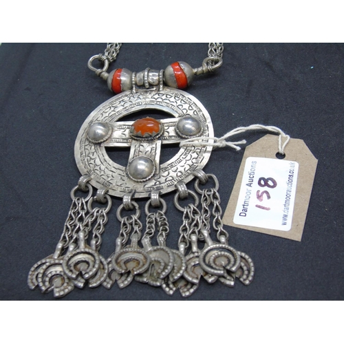 158 - A lot: a vintage Bedouin of Oman white metal tribal necklace with coral(?) beads and a prayer amulet