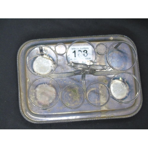 188 - A mixed lot of silver and plated ware: an antique condiments holder with three glass containers, one... 